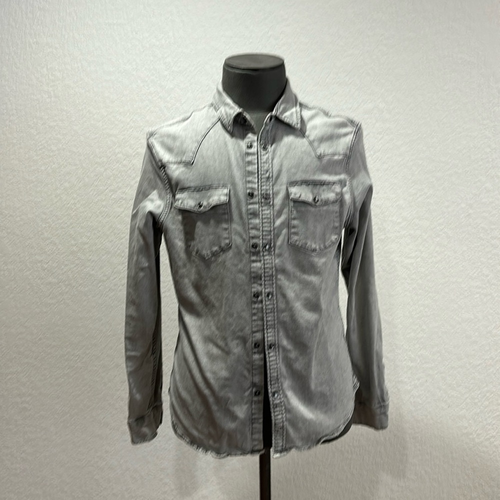 All Saints Gray Washed Denim Button-Down Shirt